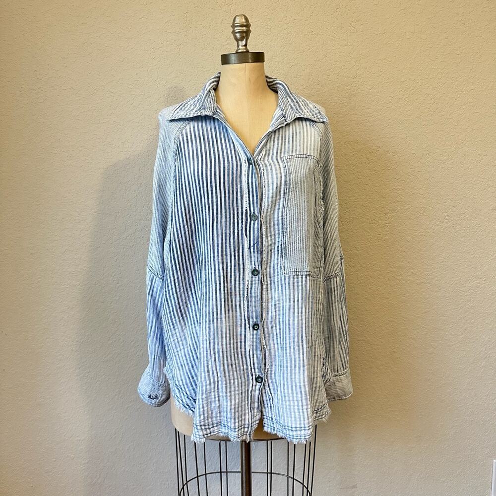 WE THE FREE Indigo Skies Top Blue Striped Oversized Button Up Shirt